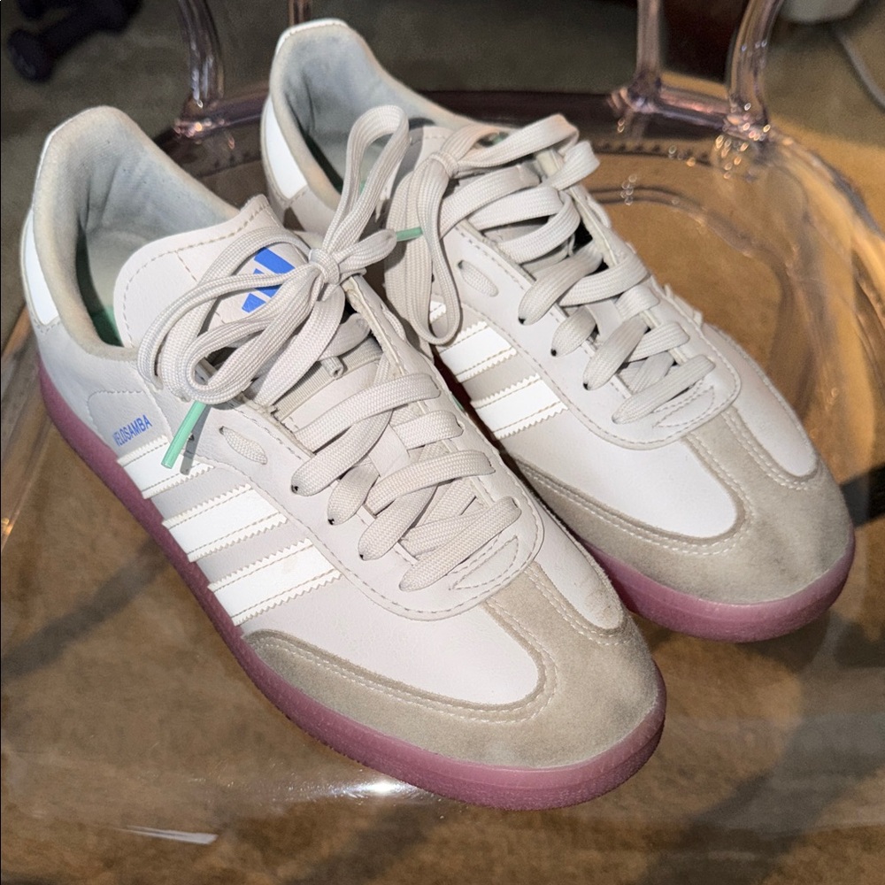 Adidas White and Beige Sneakers with Purple Sole